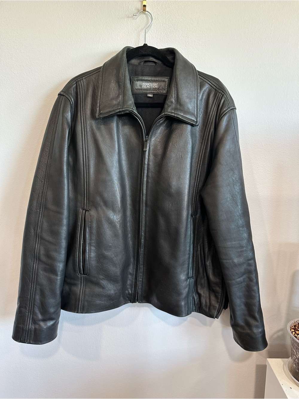 Kenneth Cole Reaction Black 100% Leather Jacket Size Large Full Zip